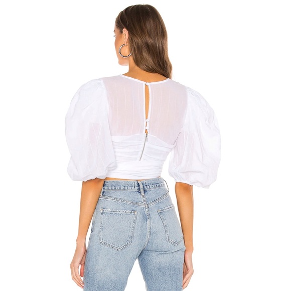 LPA Lancaster Blouse White Puff Sleeve Wrap Bow Sheer Gauze Sweetheart Neckline - Picture 3 of 7